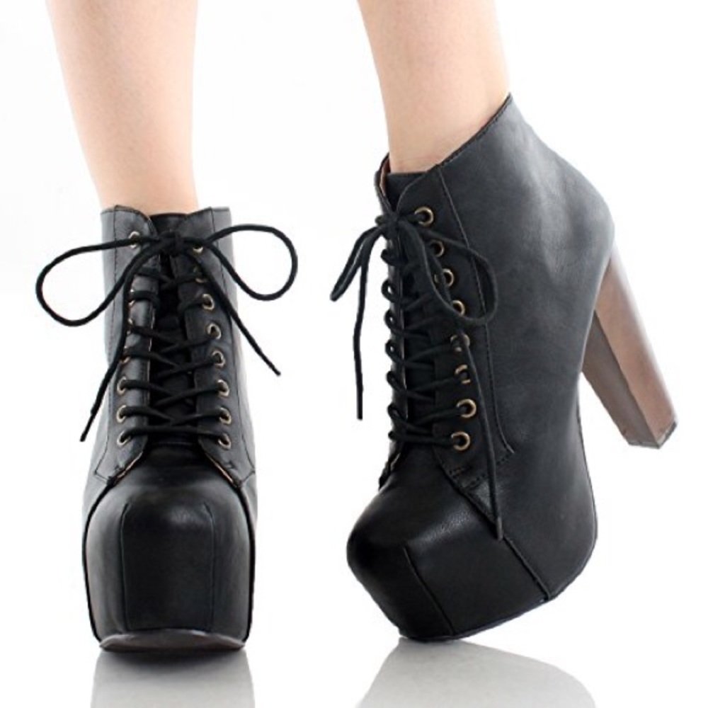 Platform Heel Lace Up Vegan Leather Ankle Booties Speed limit 98 Black/Brown
